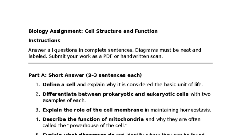 Biology 101: Cell Structure & Function Assignment - Studocu