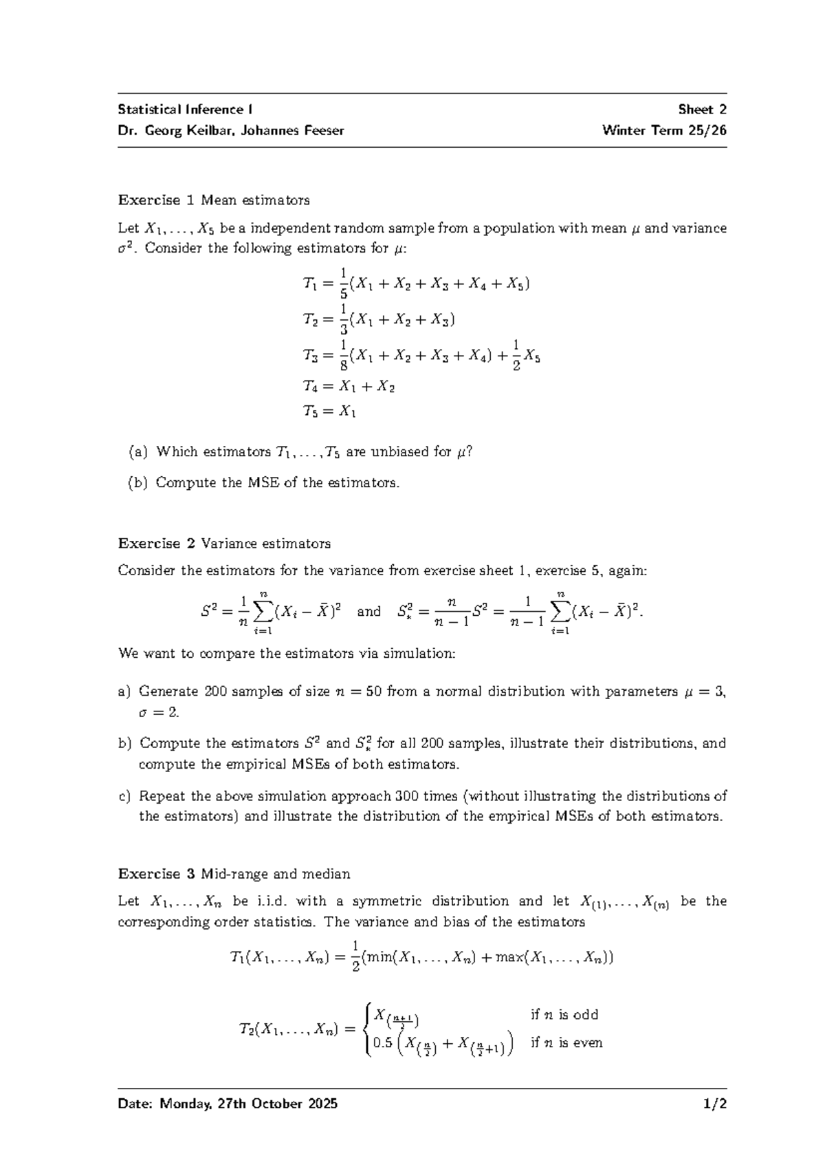 Statistical Inference I - Sheet 02 Exercises on Mean and Variance ...