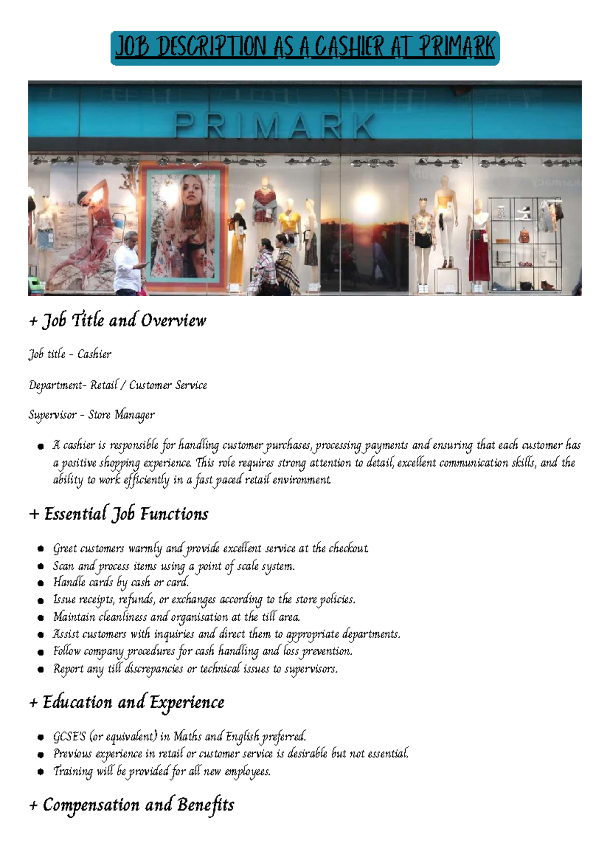 CASHIER JOB DESCRIPTION AT PRIMARK: ROLE & RESPONSIBILITIES - Studocu