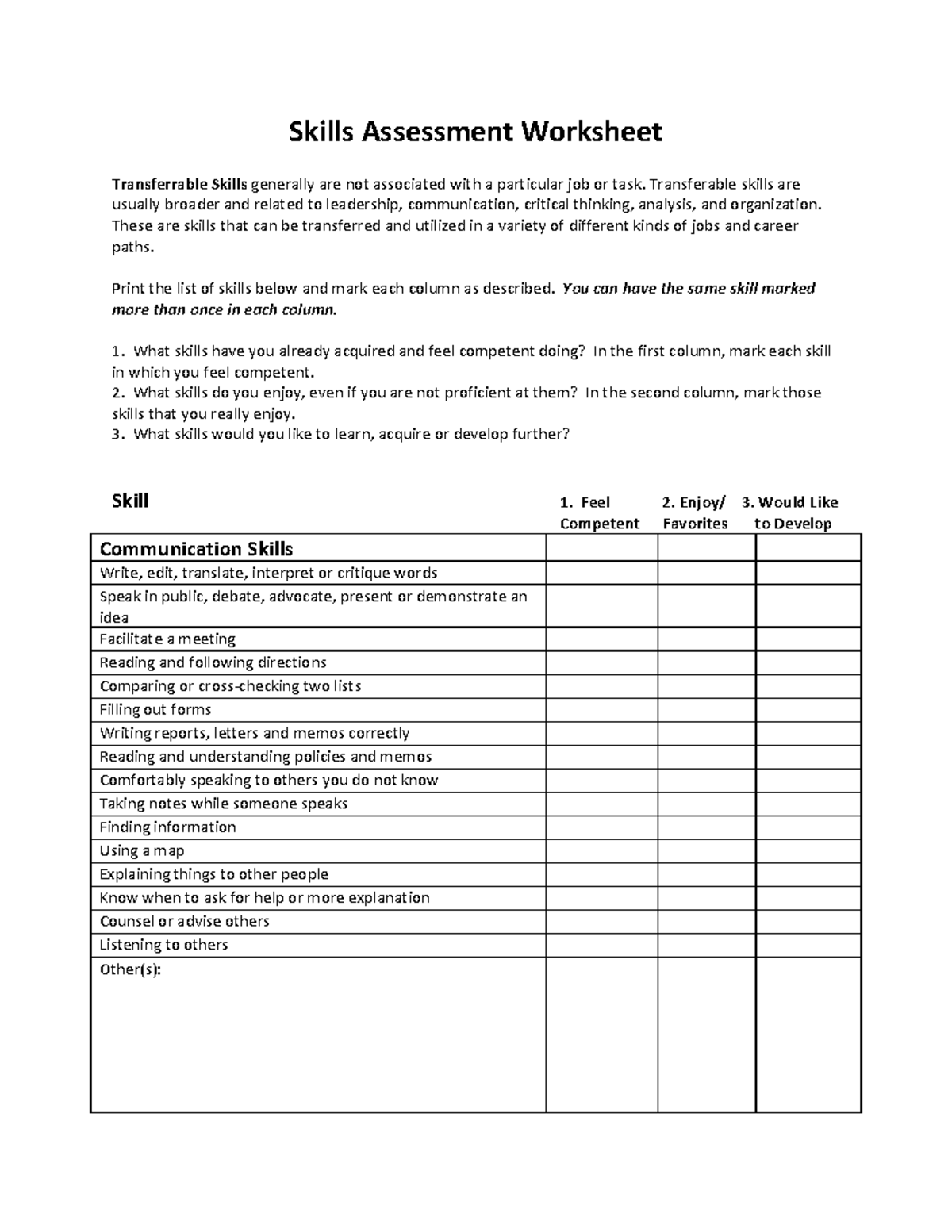 Skills Inventory Worksheet: Assessing Key Competencies and Development ...