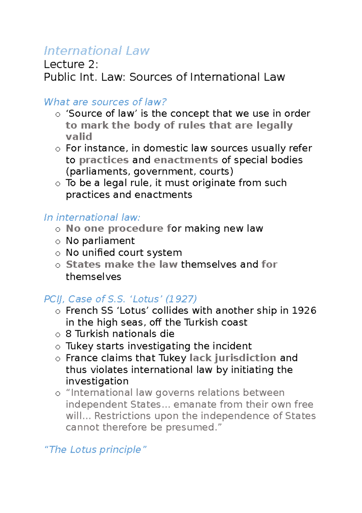 International Law lecture 2 - International Law Lecture 2: Public Int ...