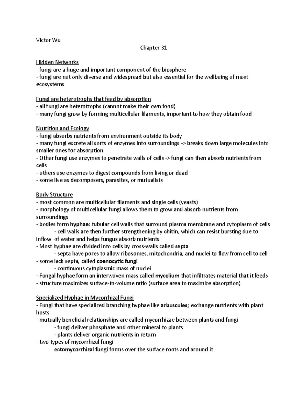 Chapter 31 Fungi Summary - Key Concepts from Campbell Biology - Studocu