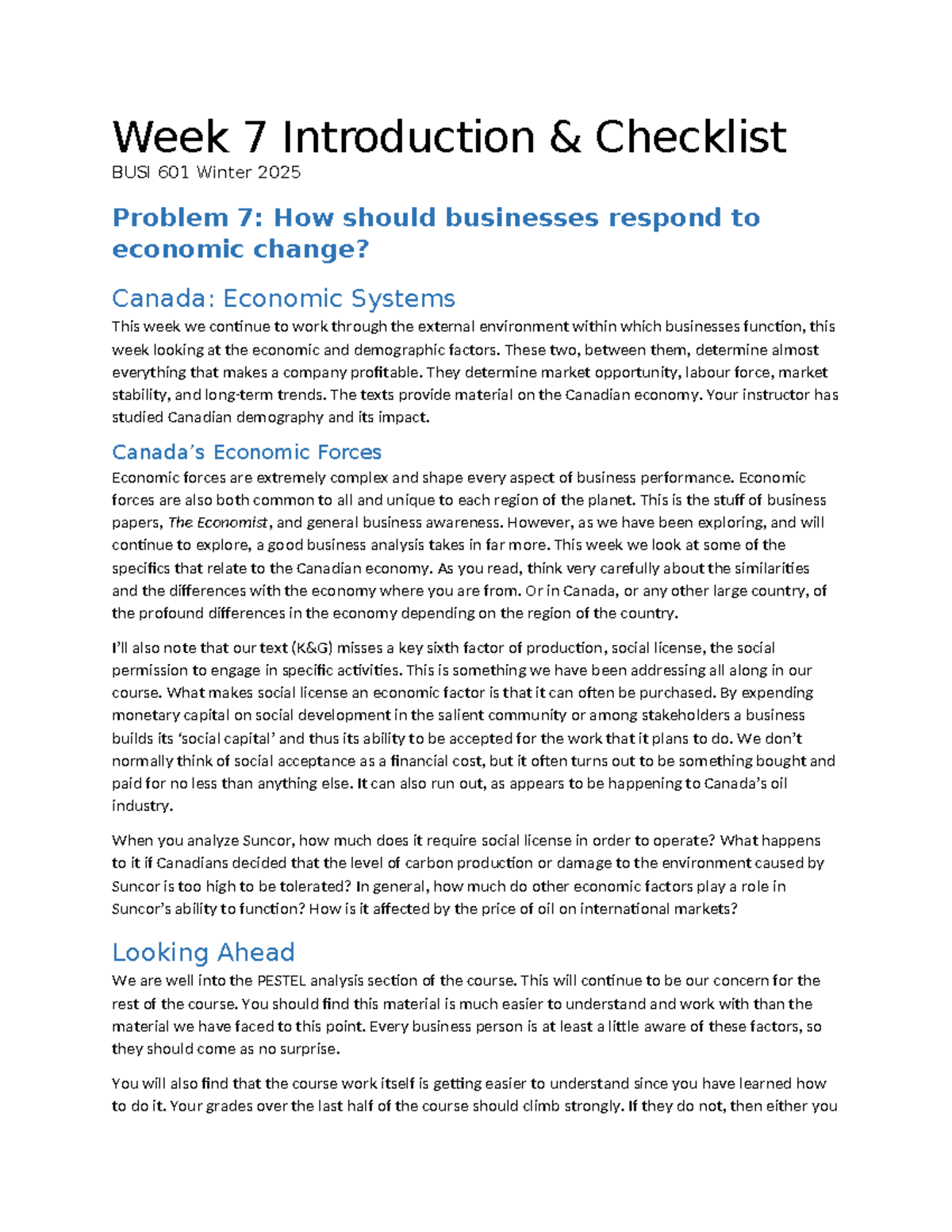 Week 7 Introduction Checklist BUSI 601: Economic Forces in Canada - Studocu