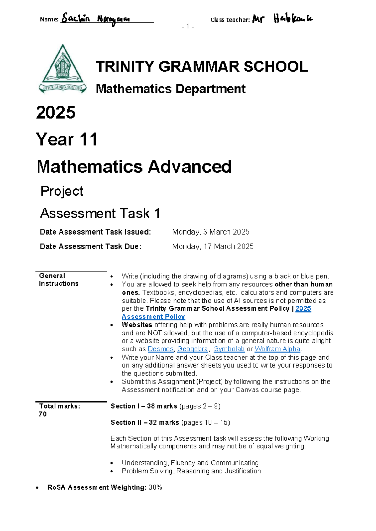 2025 Maths task - 1 - TRINITY GRAMMAR SCHOOL Mathematics Department ...