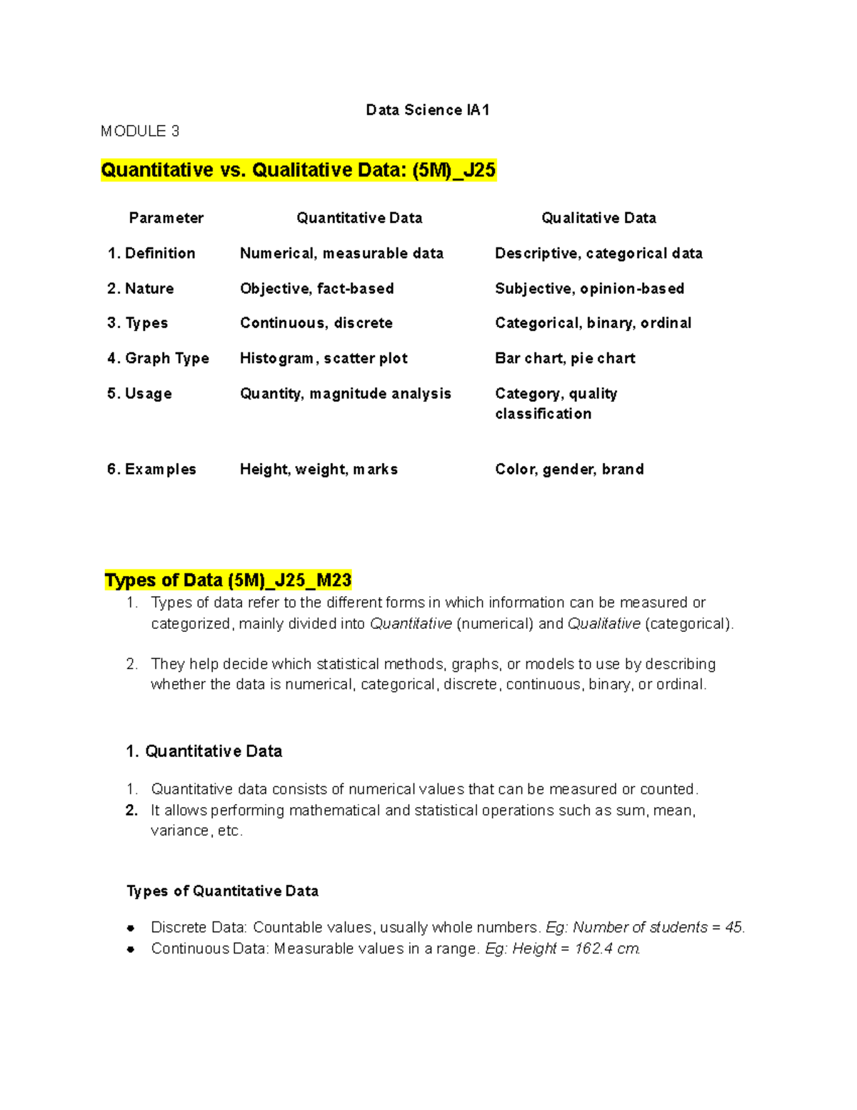 Data Science IA1 - Quantitative vs. Qualitative Data Overview - Studocu