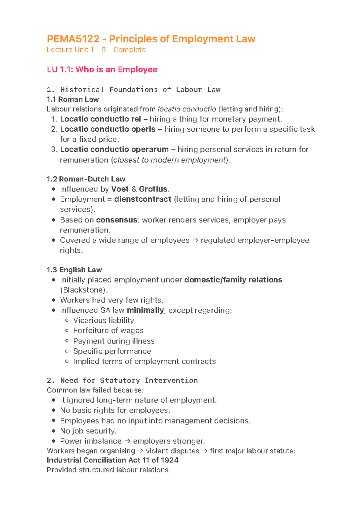 PEMA5122 - Employment Law Principles Lecture Notes: Unit 1 Overview ...