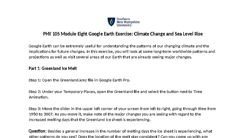 PHY 105 Module 8 Google Earth Exercise: Climate Change Insights - Studocu