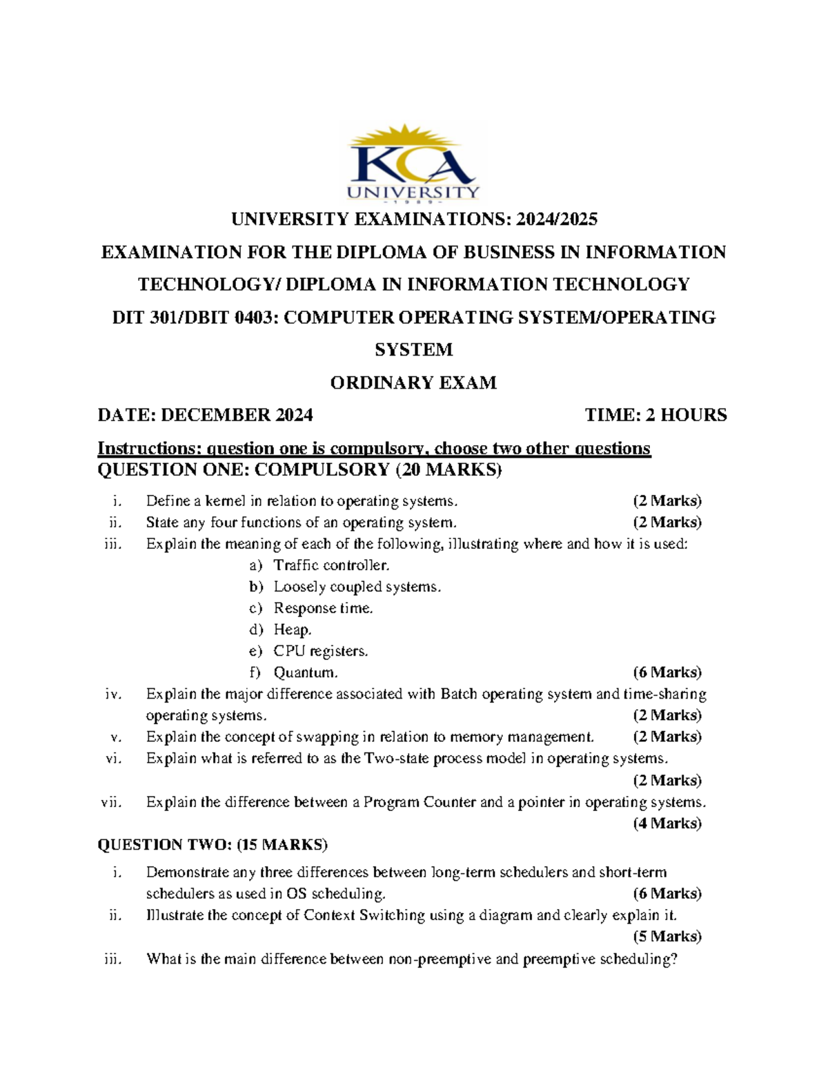 DIT 0403: Computer Operating Systems Final Exam Guide - Studocu