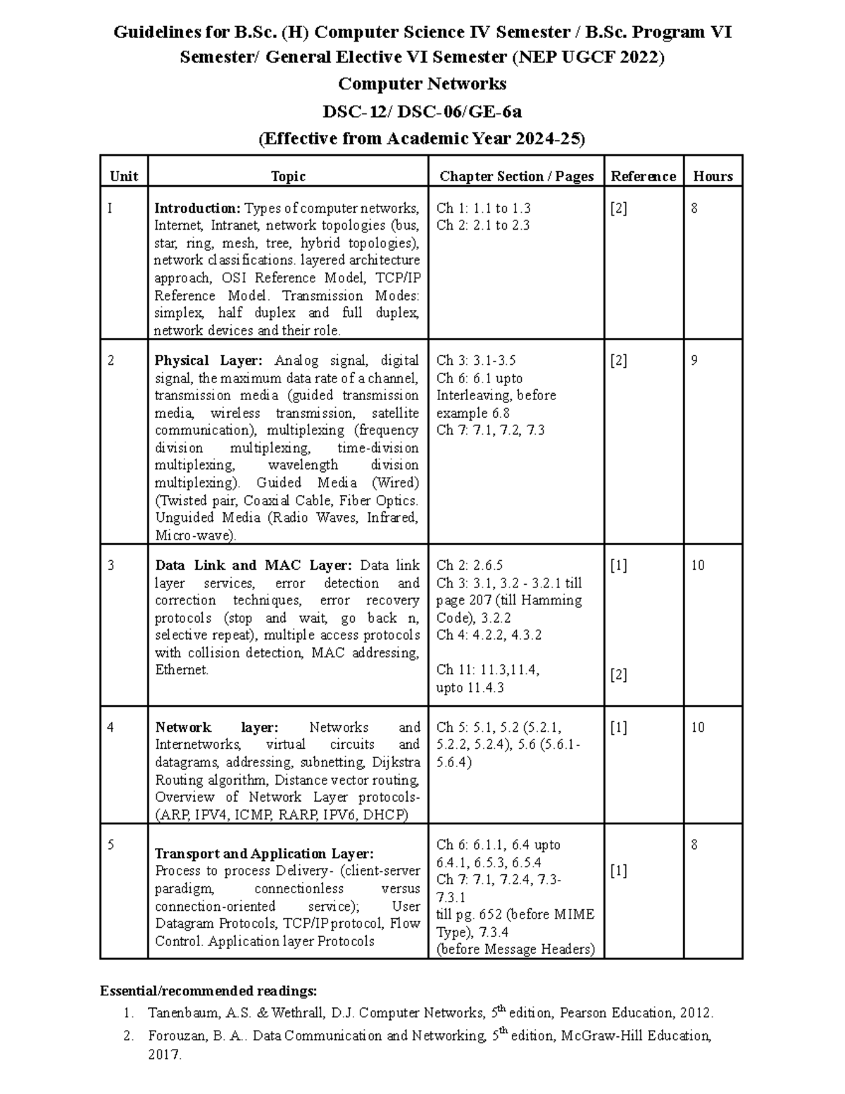 Guidelines for B.Sc. (H) Computer Science IV Sem: Computer Networks ...
