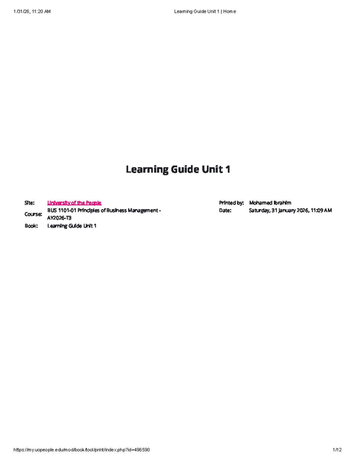 BUS Principles of Business Management: Learning Guide Unit 1 - Studocu