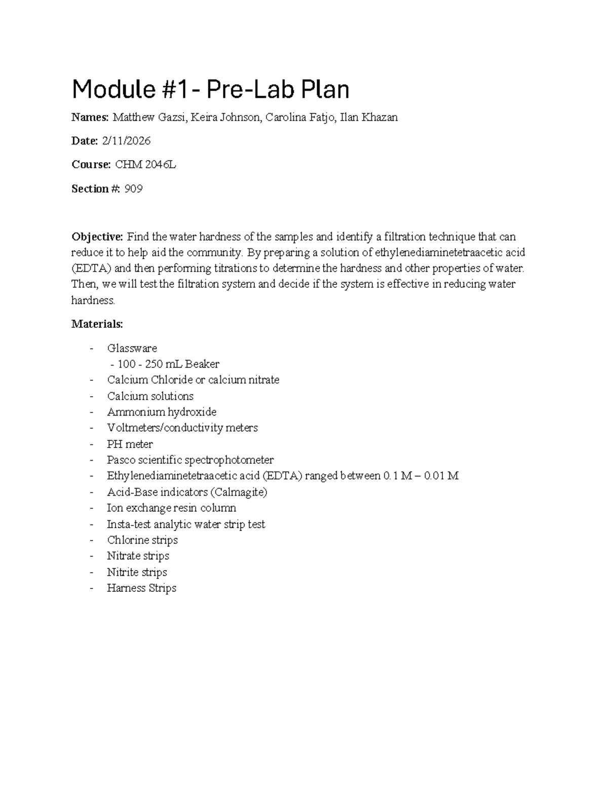 CHM 2046L Section 909: Pre-Lab Plan for Water Hardness Analysis - Studocu