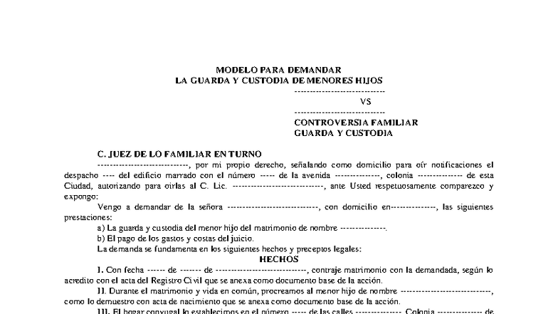 Machote De Convenio De Guarda Y Custodia