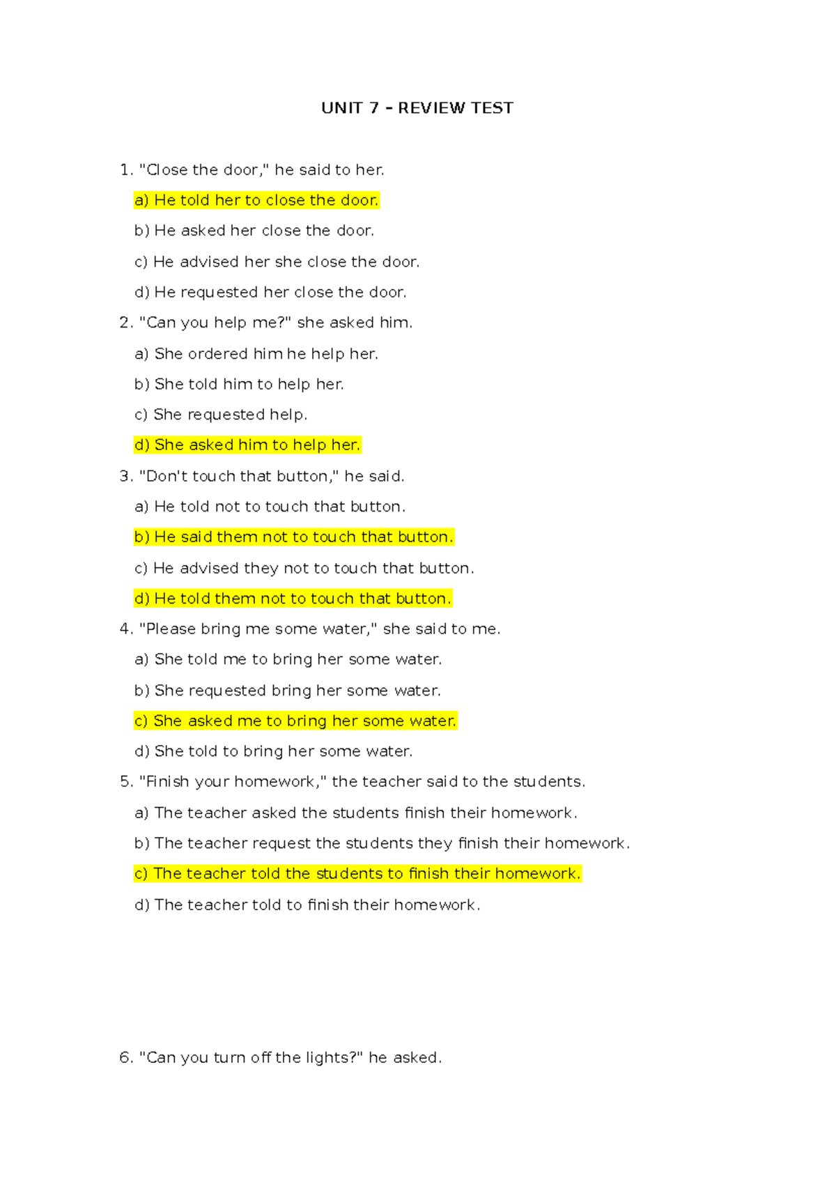 UNIT 7 - Review TEST - UNIT 7 – REVIEW TEST "Close the door," he said ...