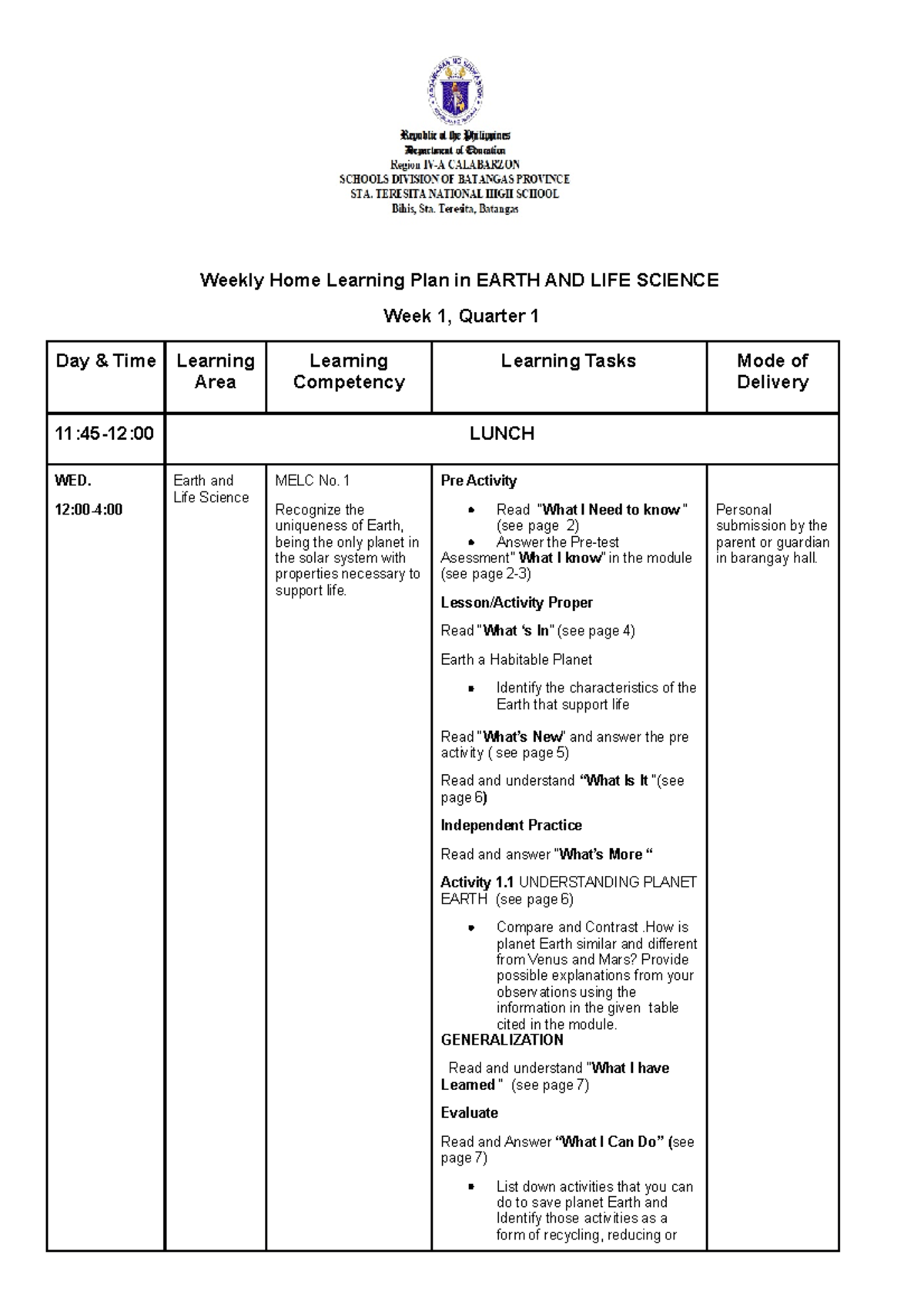 WHLP-Q1-WEEK1: Earth and Life Science Learning Plan - Studocu