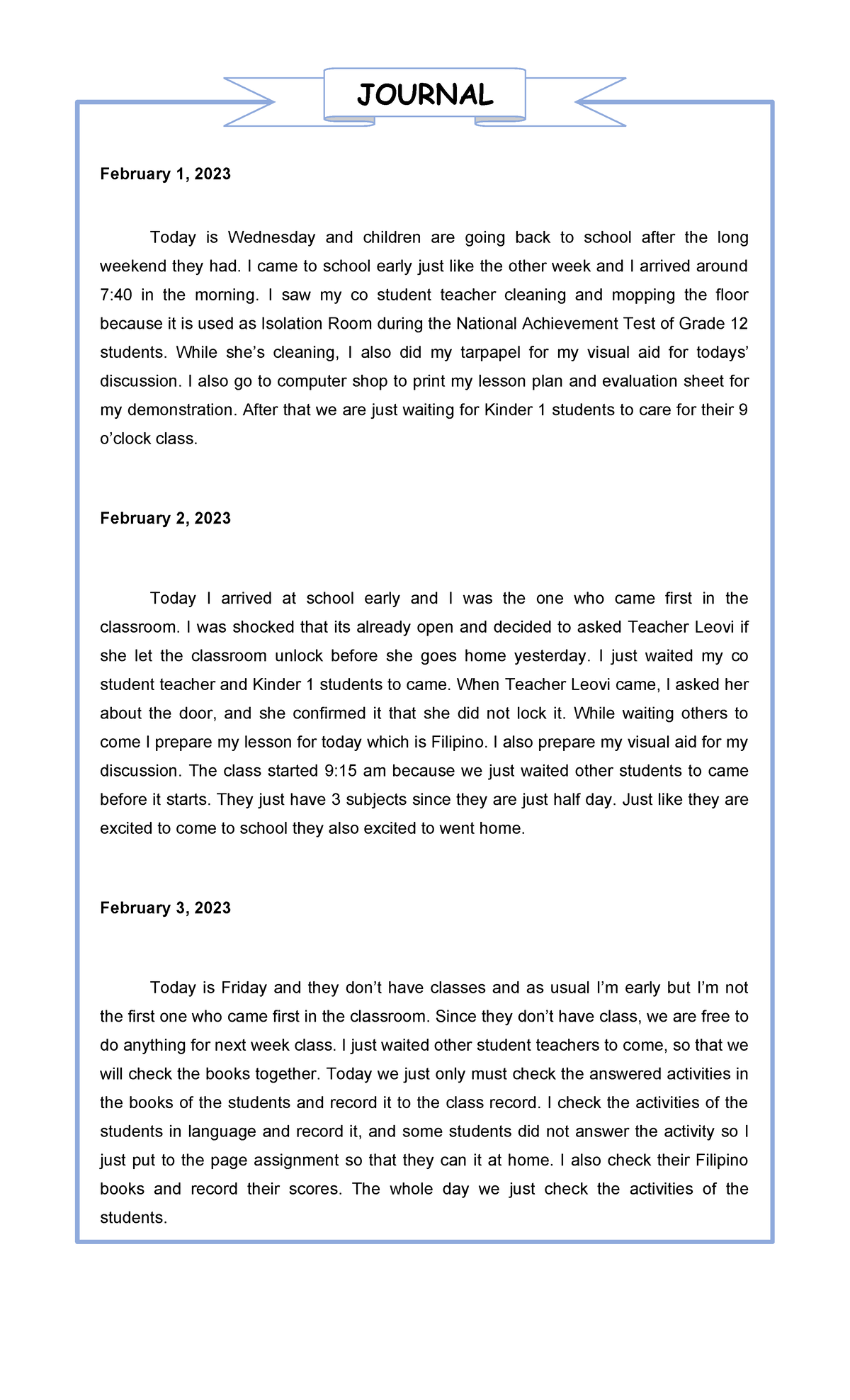 Internship Journal: Daily Reflections and Activities (Feb 2023) - Studocu