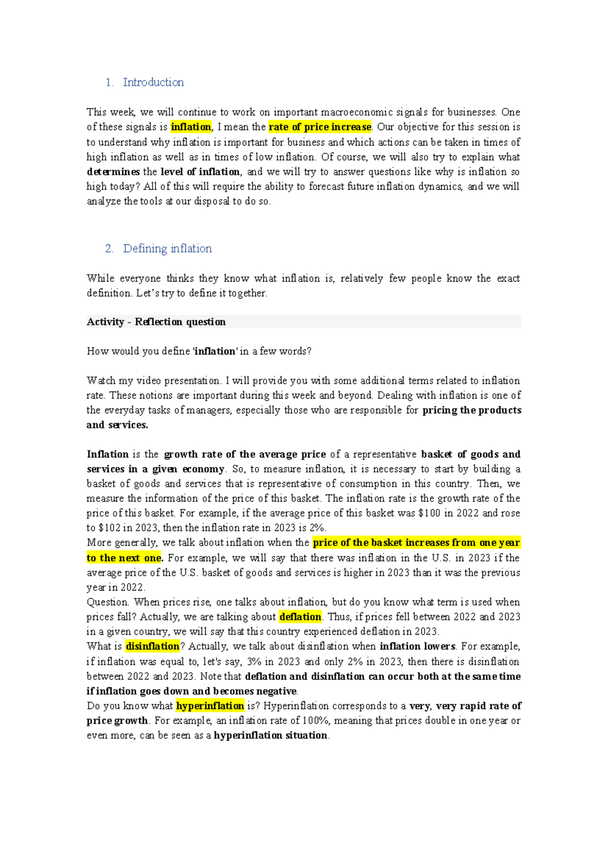 Week 3 Lecture Notes: Understanding Inflation Dynamics and Business ...
