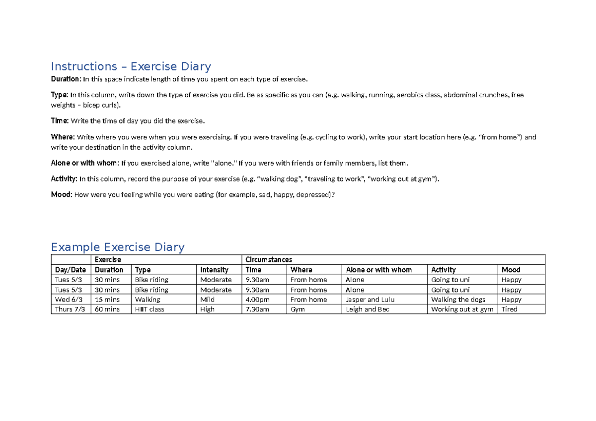 Exercise Diary: Tracking Your Workouts and Mood - Studocu
