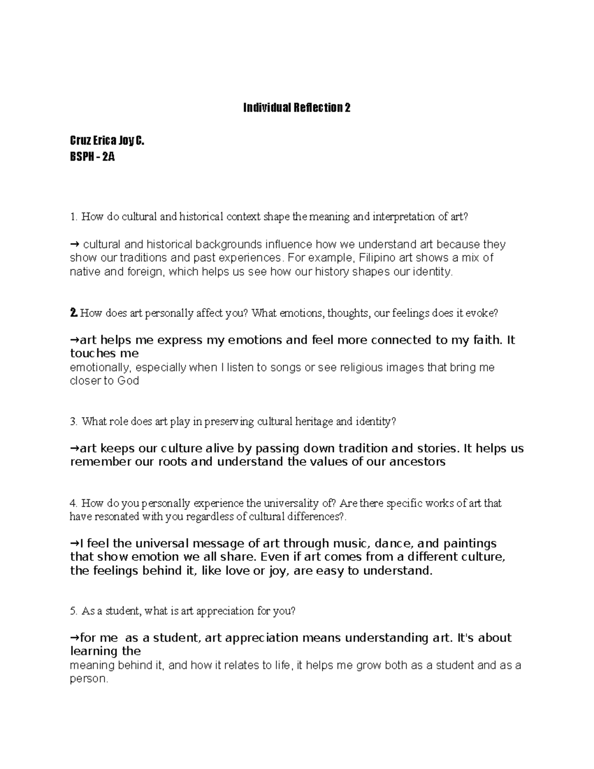 Individual Reflection on Art Appreciation - BSPH 2A - Studocu