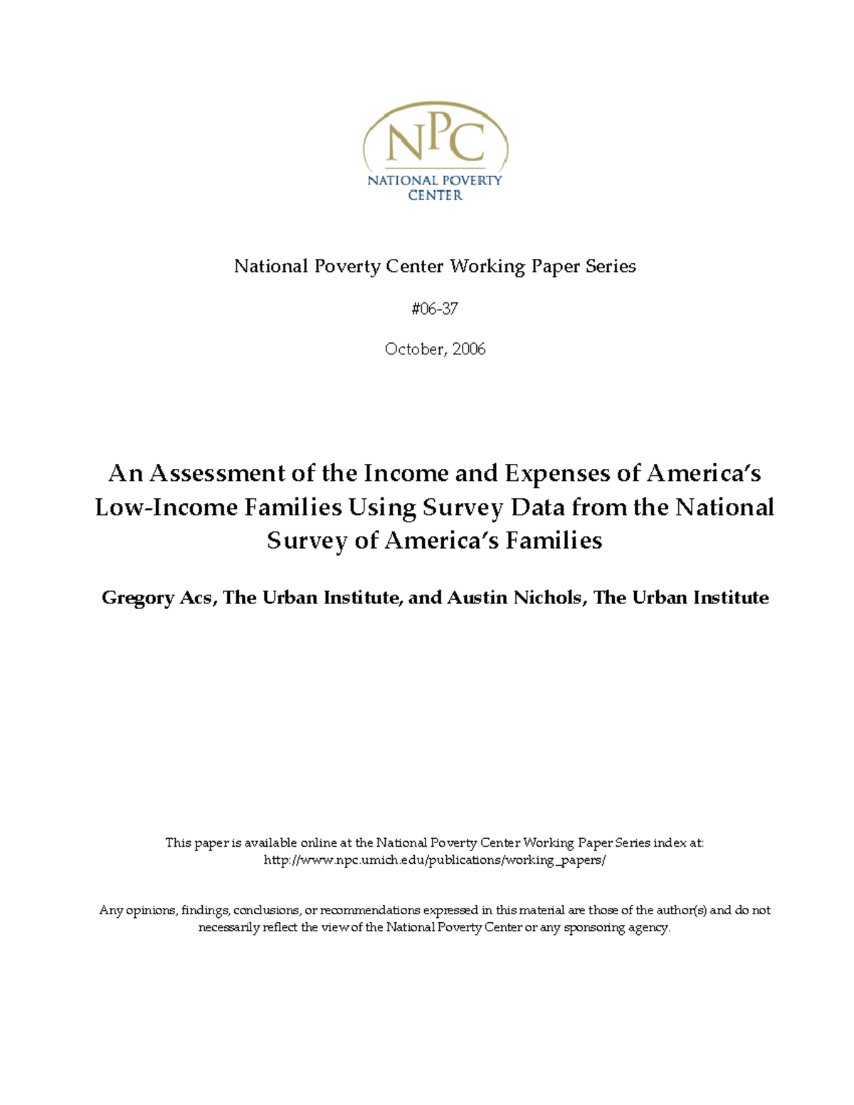 Working Paper 06-37: Income and Expenses Assessment of Families - Studocu