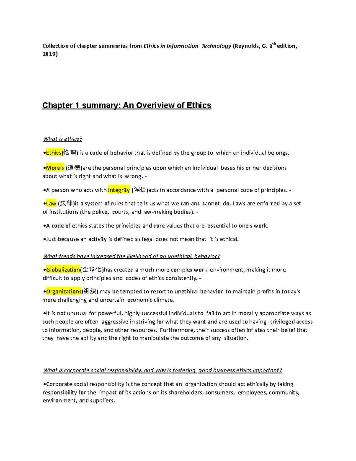 D333 - Ethics in Information Technology Chapter Summaries - Studocu