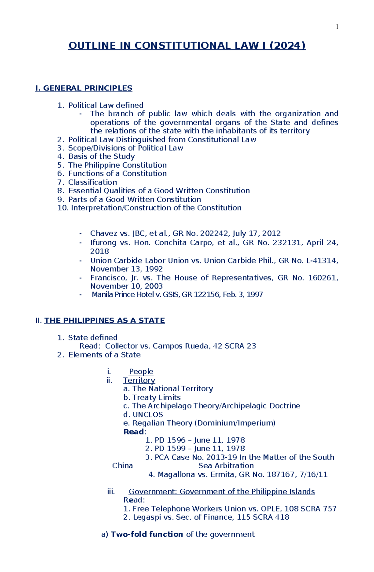 Outline in Constitutional LAW I 2024 - OUTLINE IN CONSTITUTIONAL LAW I ...