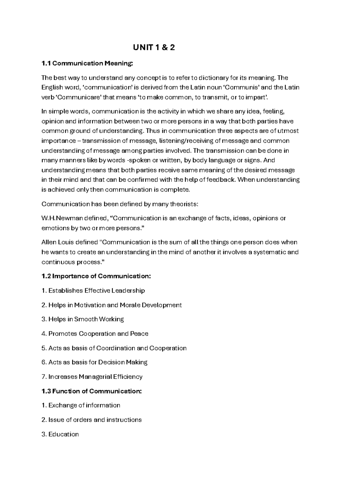 C.S. Notes: Understanding Communication - UNIT 1 & 2 Overview - Studocu