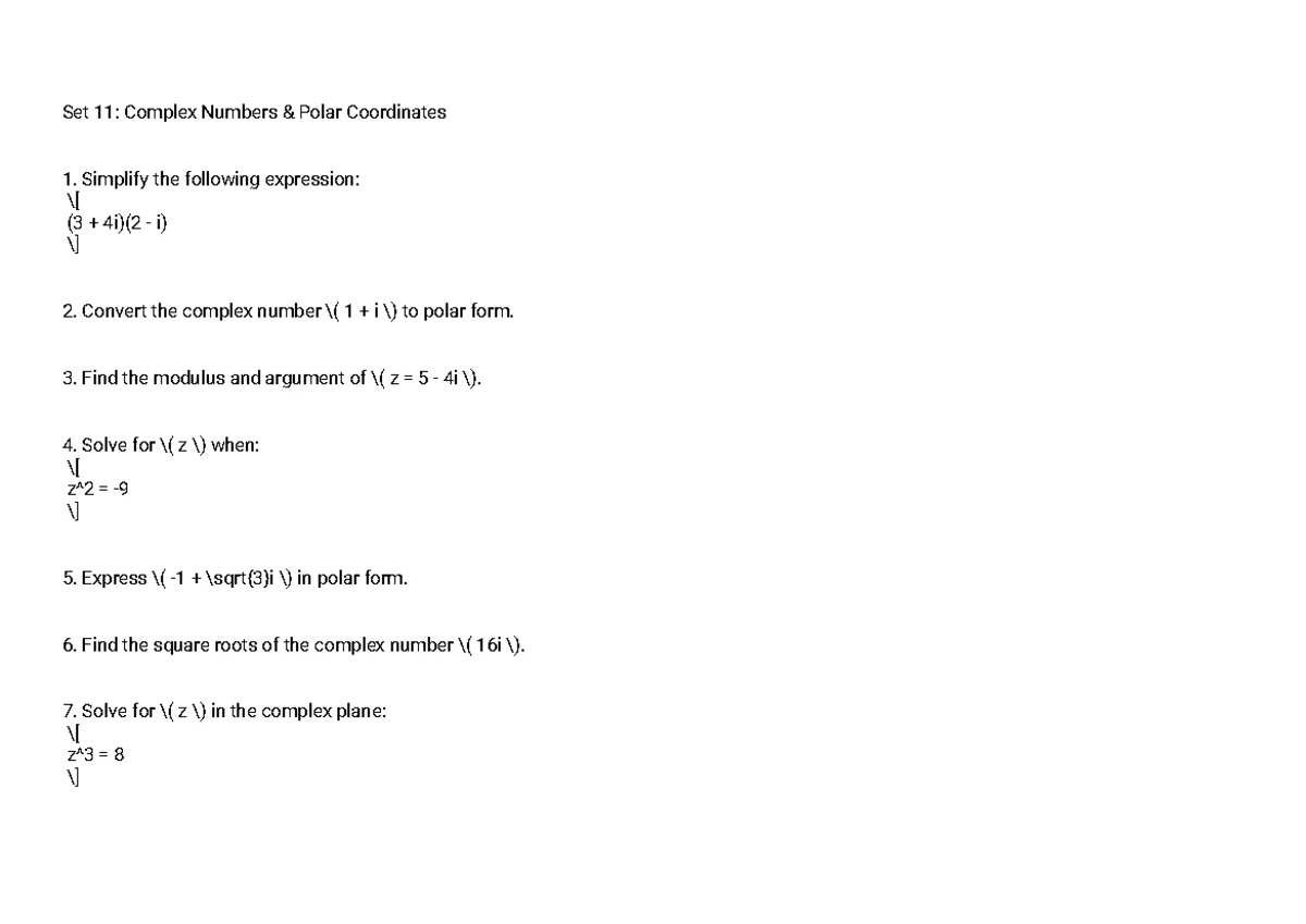 Math A201 Sem2 Final Exam Questions on Complex Numbers (2013) - Studocu