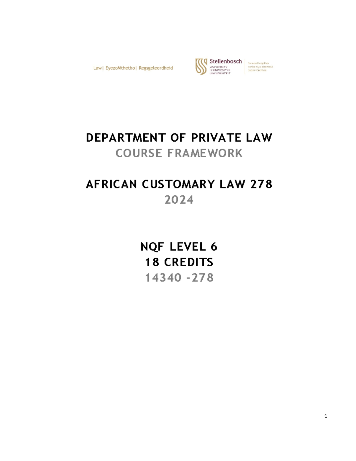 African Customary Law 278: 2024 Module Framework & Assessment Guide ...