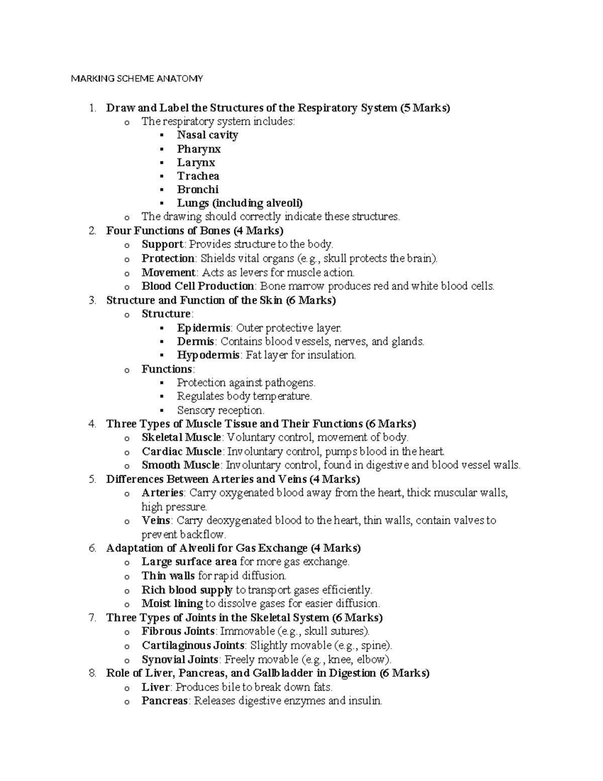 Marking Scheme: Anatomy 1 - Structures & Functions in Human Body - Studocu