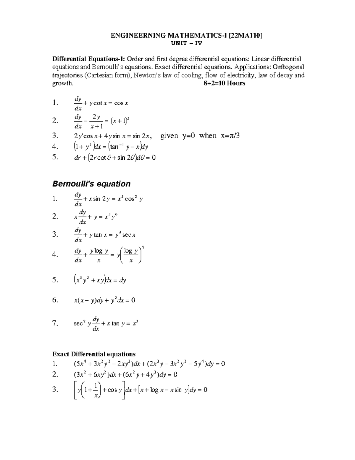 Unit 4 - Differential Equations & Applications [22MA110] - Studocu