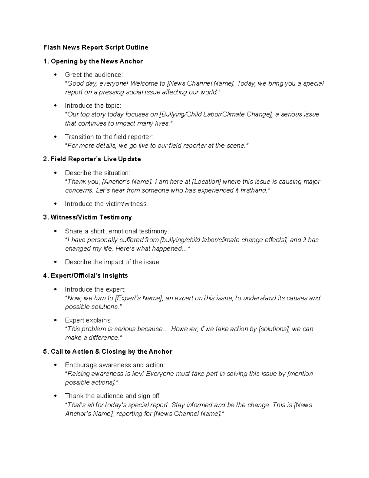 Flash News Report Script Outline for Social Issues Coverage - Studocu