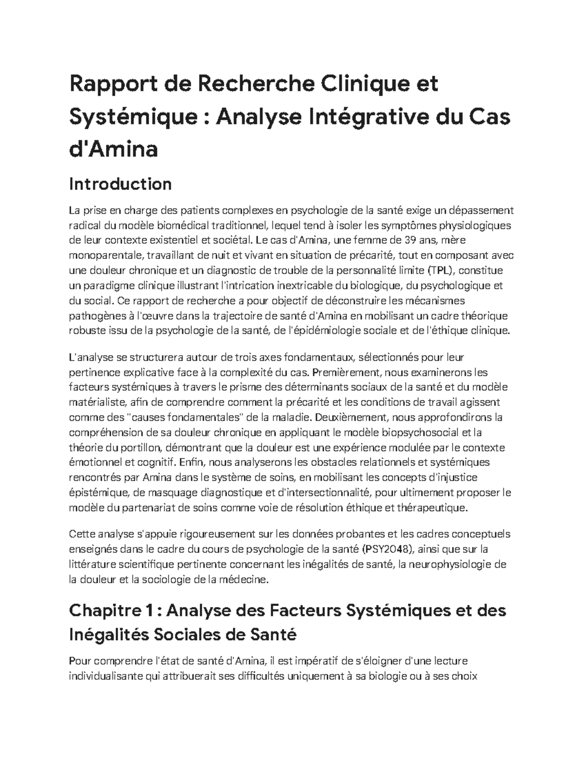 Analyse de Cas Amina : Rapport de Recherche Clinique (PSY2048) - Studocu