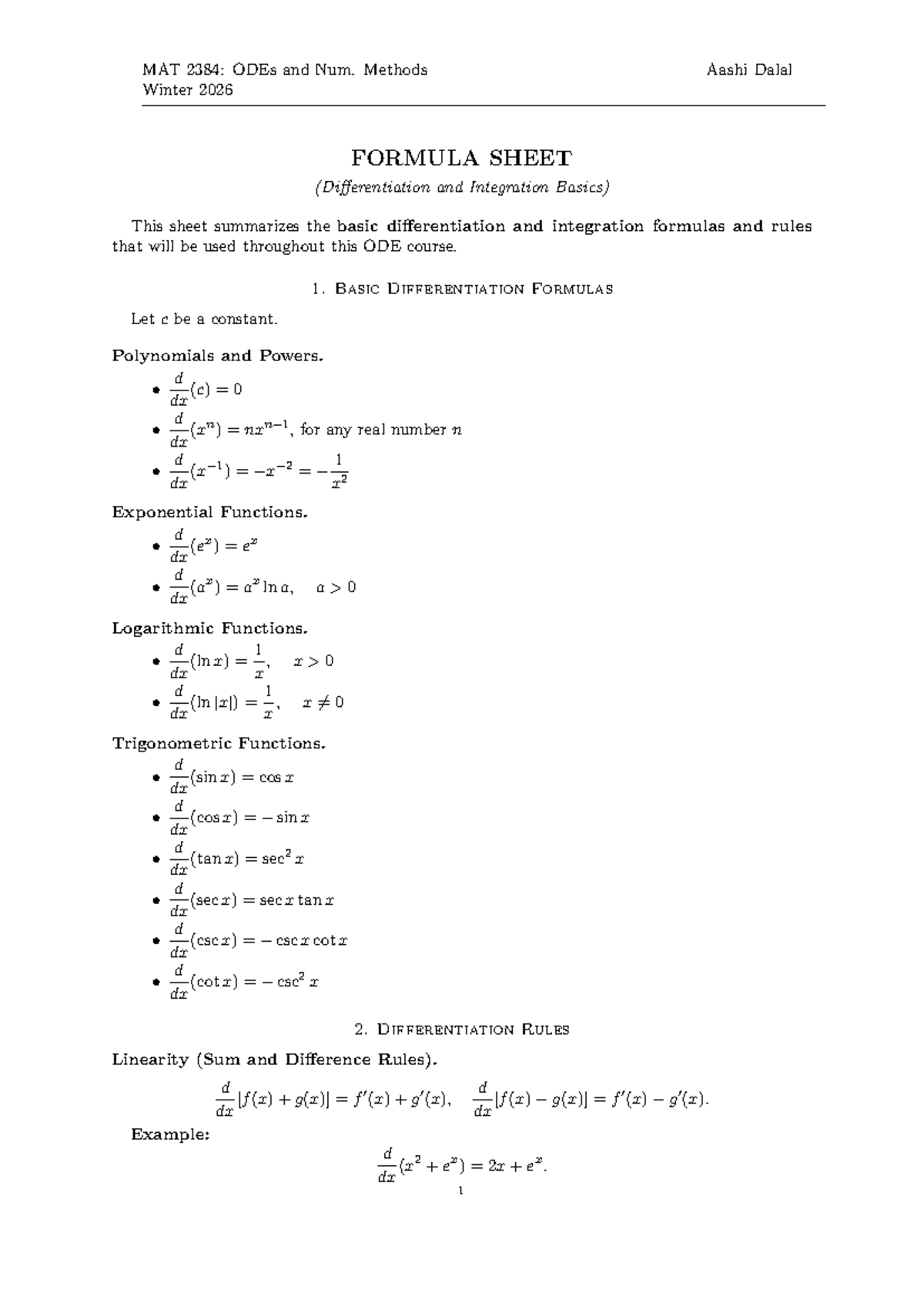 MAT 2384: ODEs & Num. Methods Formula Sheet (Winter 2026) - Studocu
