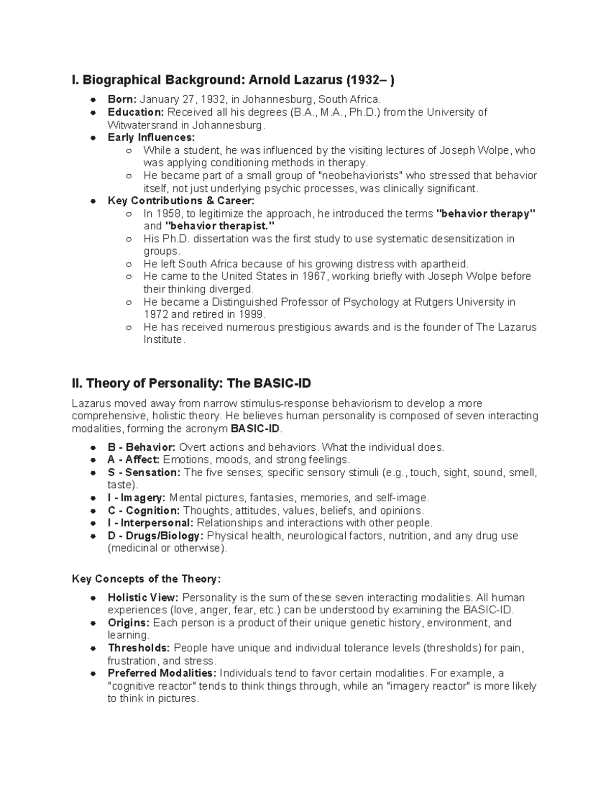 Arnold Lazarus: Biographical Notes & Personality Theory Overview - Studocu