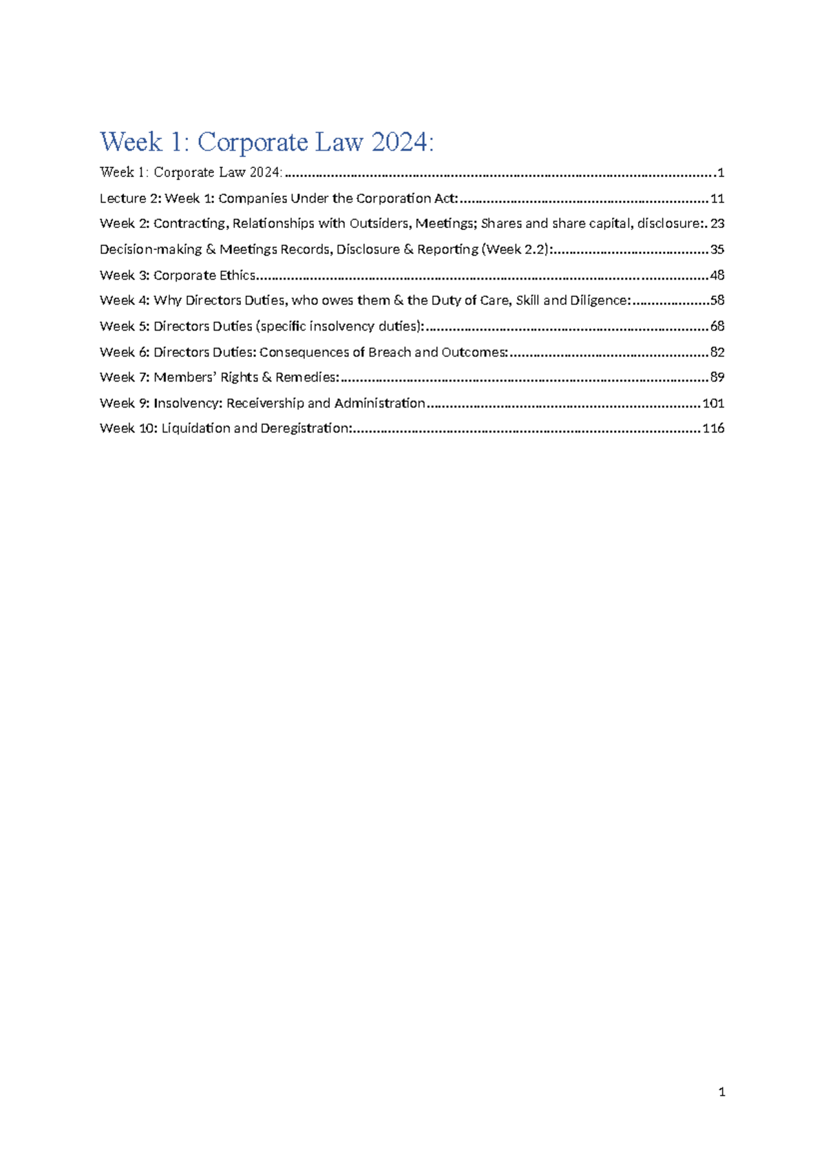 Corporate Law exam notes final 2 - Week 1: Corporate Law 2024: Week 1 ...