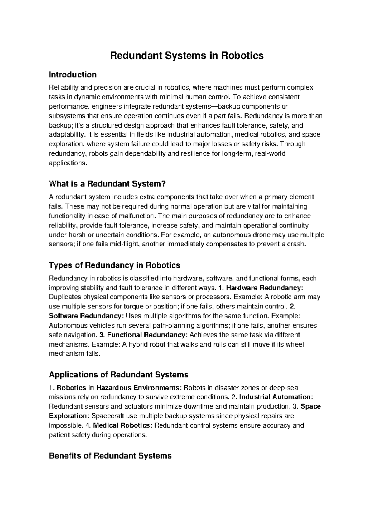 Redundant Systems in Robotics: An Overview of Reliability and Safety ...