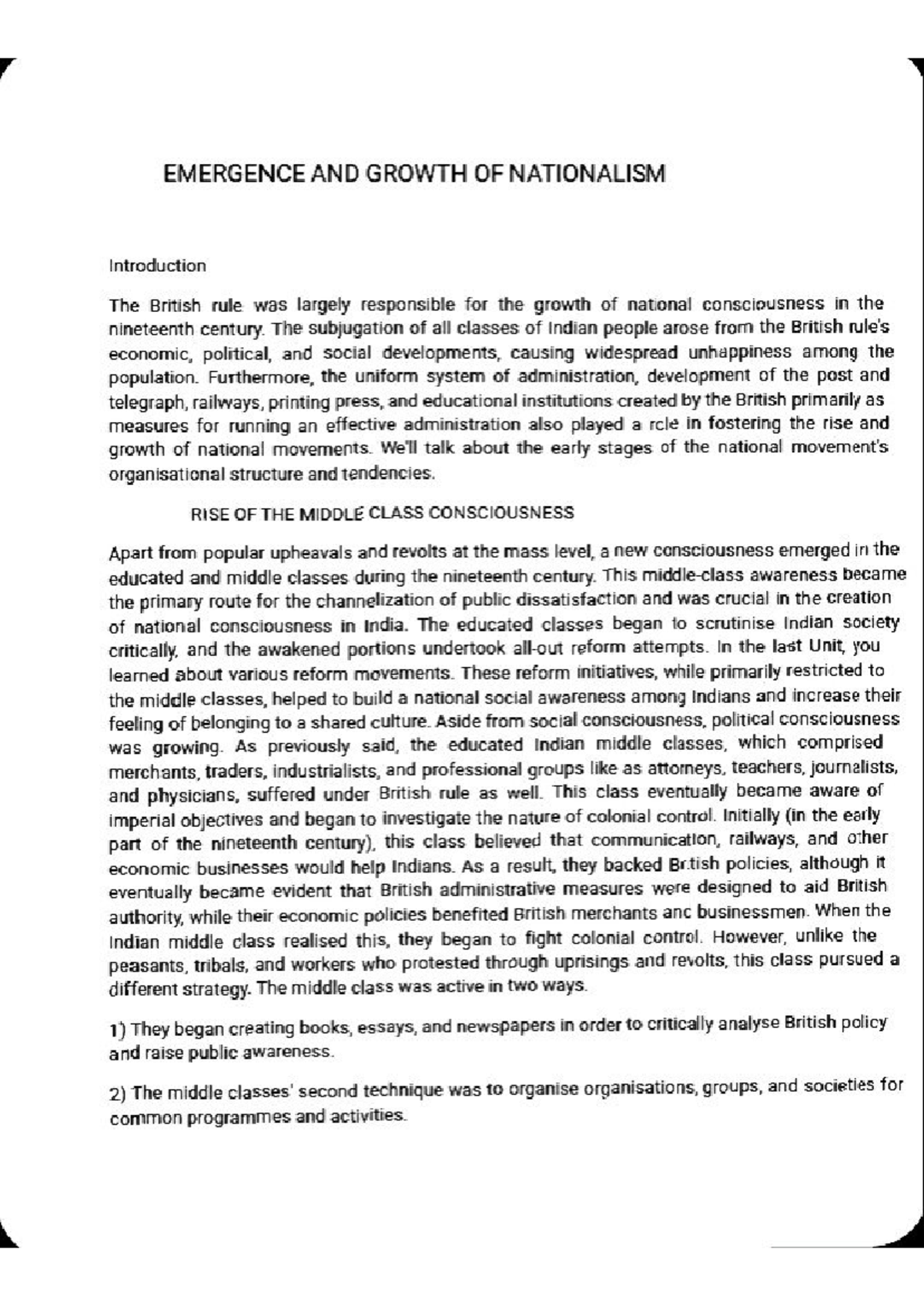 Emergence and Growth of Nationalism in India - Study Notes for HI190 ...