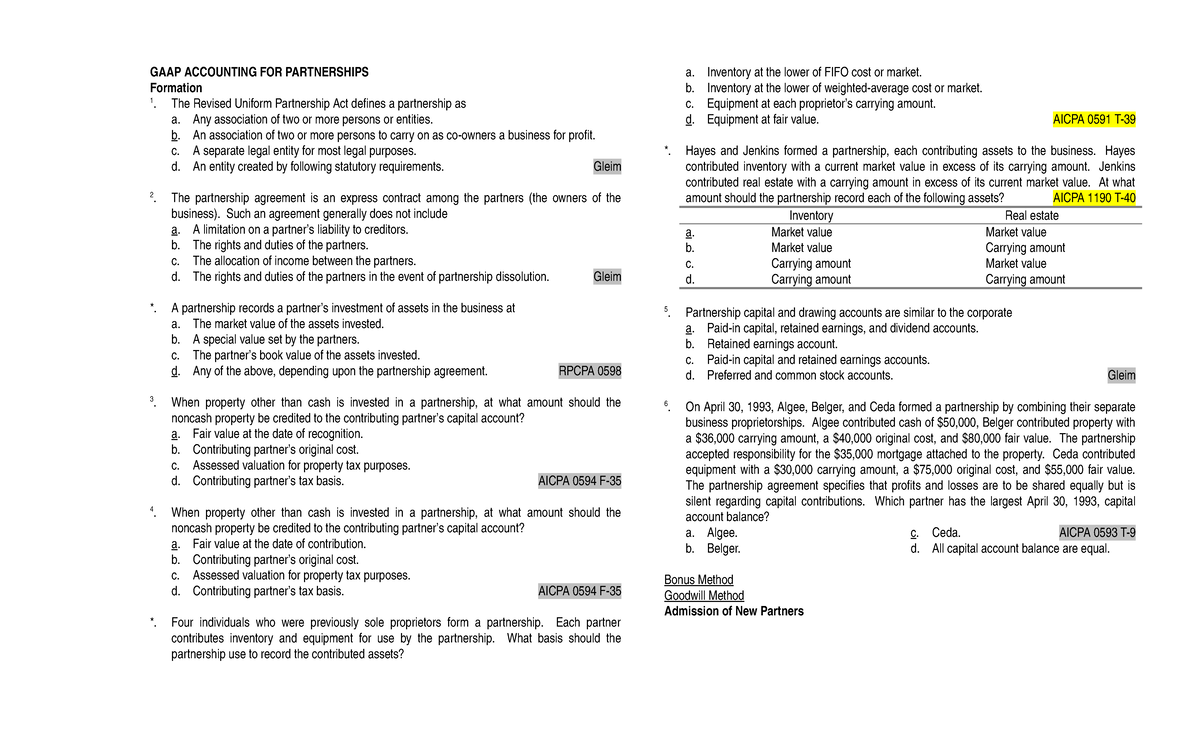 GAAP Accounting for Partnerships: Key Concepts and Calculations - Studocu