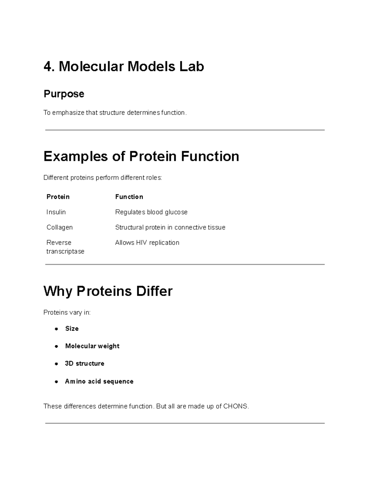 Molecular Models Lab: Structure and Function of Proteins - Studocu