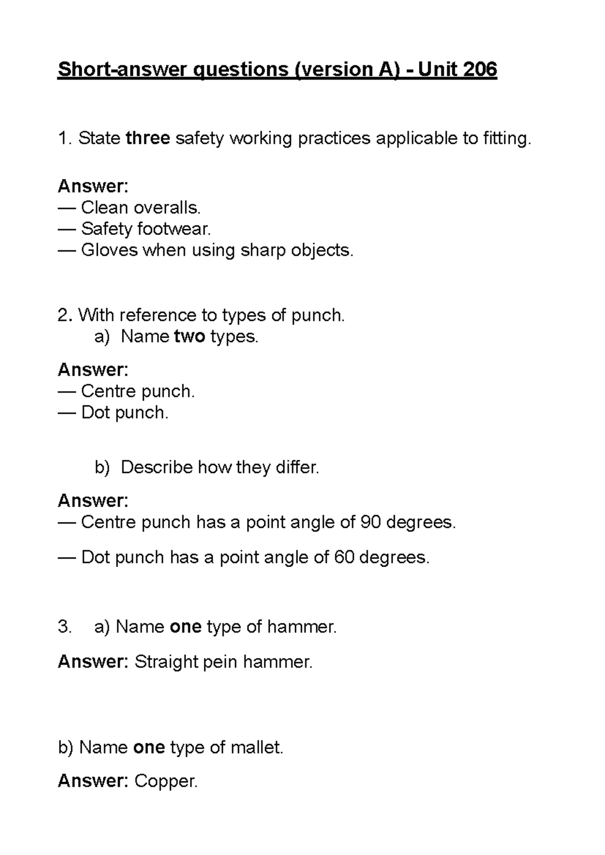 E2 - Unit 206 Engineering Safety and Tools Notes - Studocu