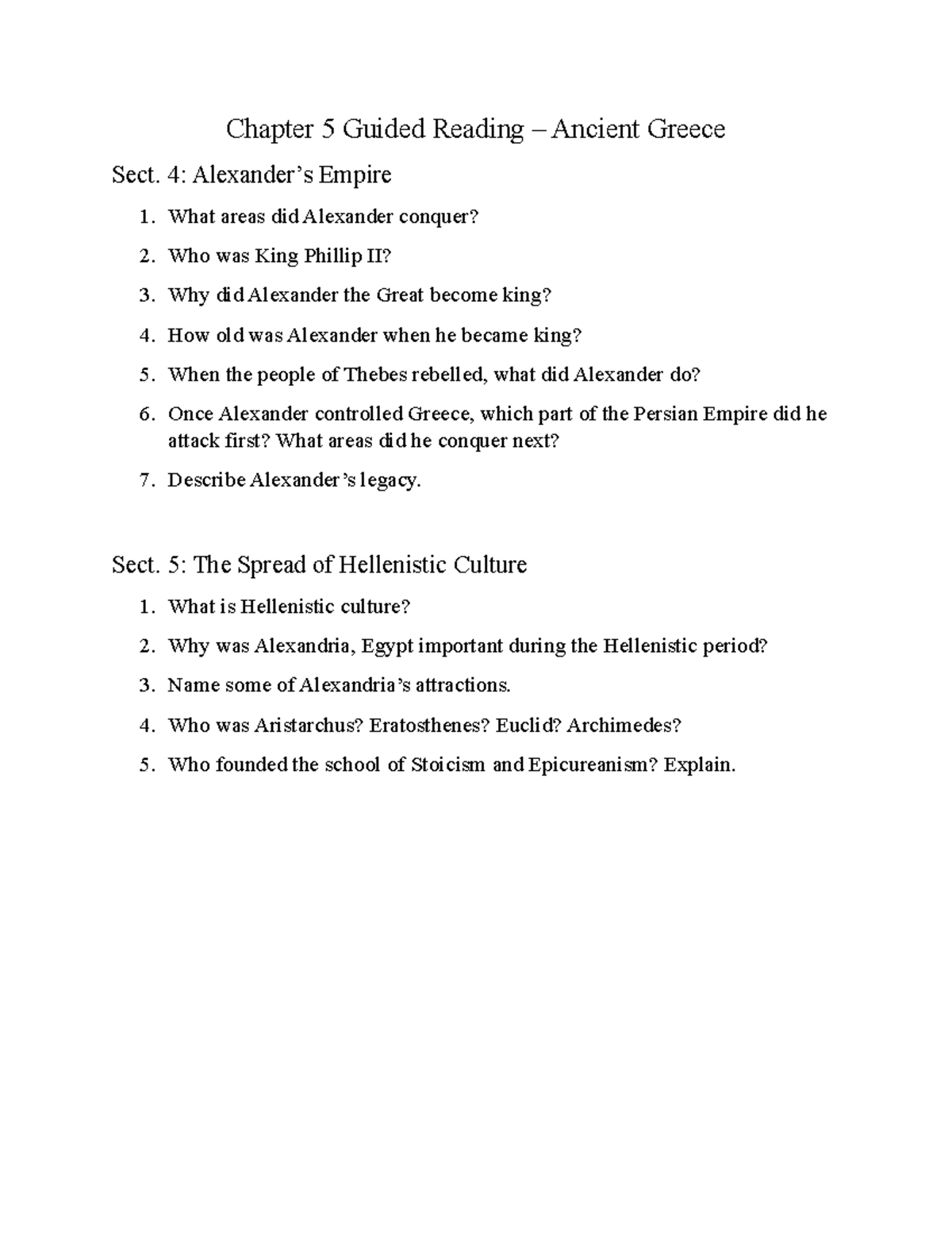 Chapter 5 Guided Reading: Alexander and Hellenistic Culture - Studocu