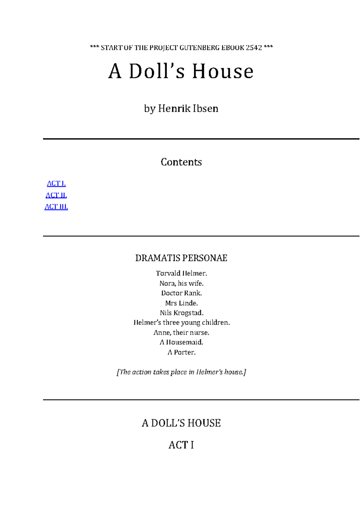 A Doll's House (Part 1) - Script Analysis and Summary - Studocu