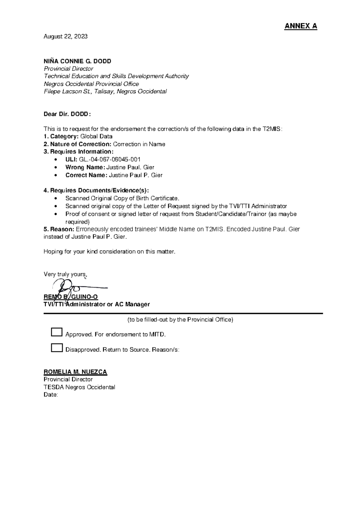 Correction Requests for Name and Date of Birth in T2MIS - TESDA Negros ...