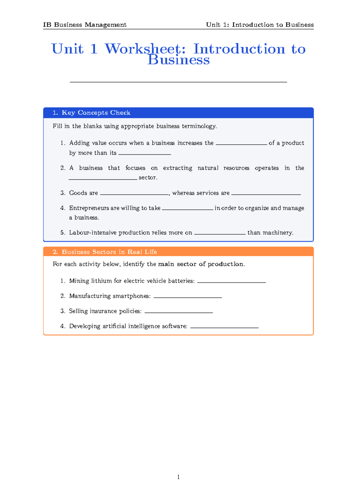 IB Business Management Unit 1: Intro to Business Worksheet & Key ...