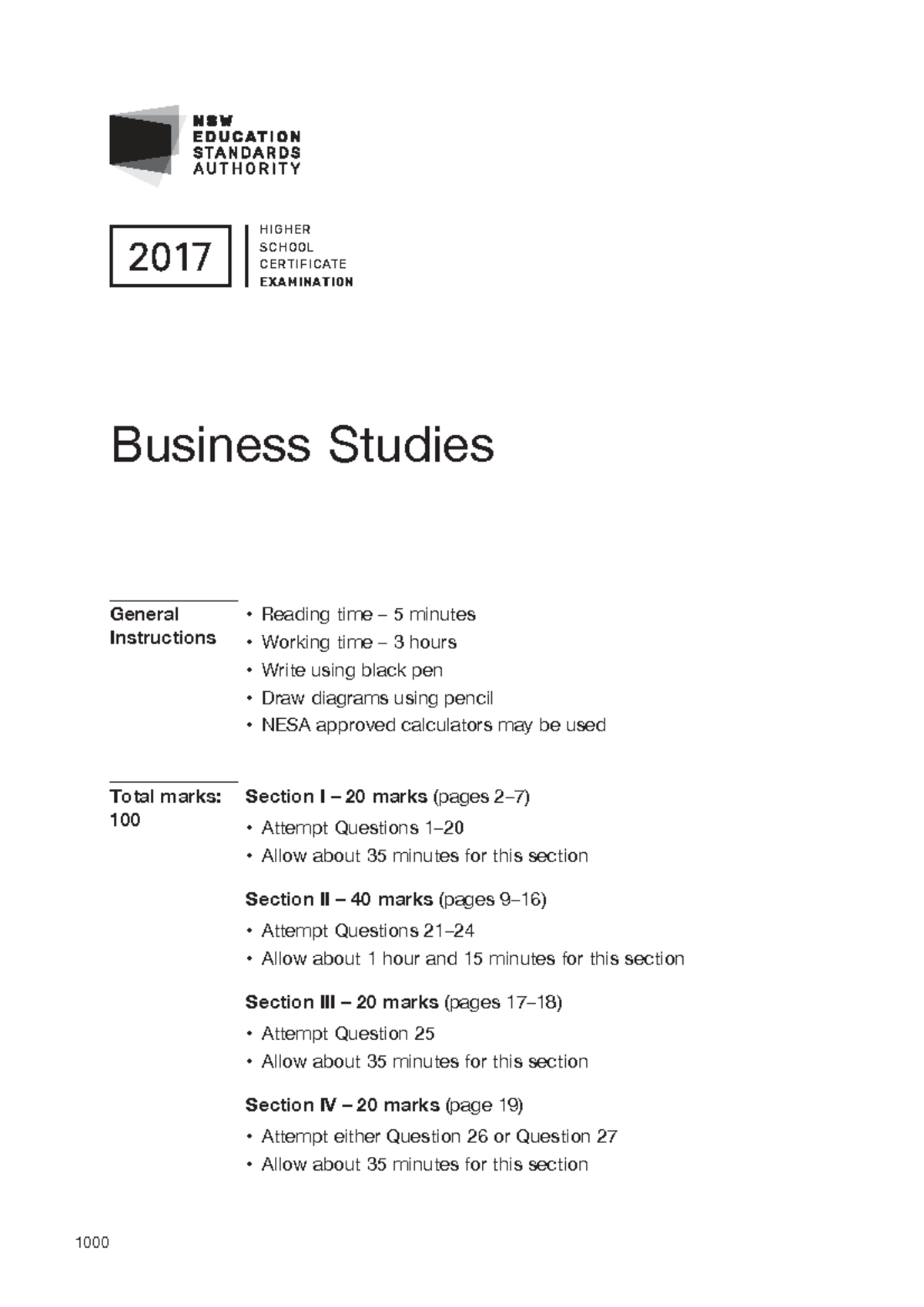 2017 HSC Business Studies Exam Paper: General Instructions & Questions ...