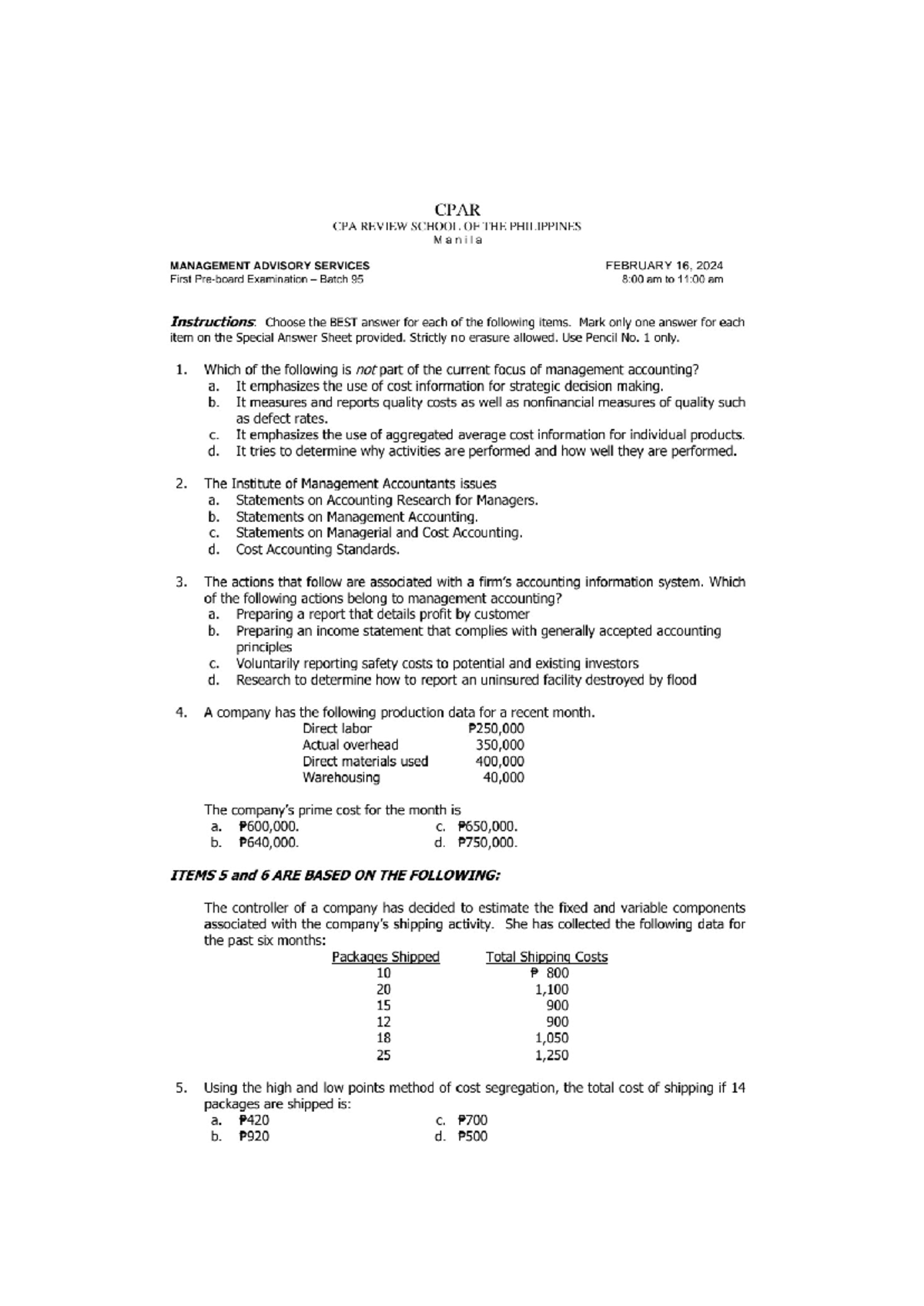 MAS - First Preboard Exam - Management Advisory Services - Batch 95 ...