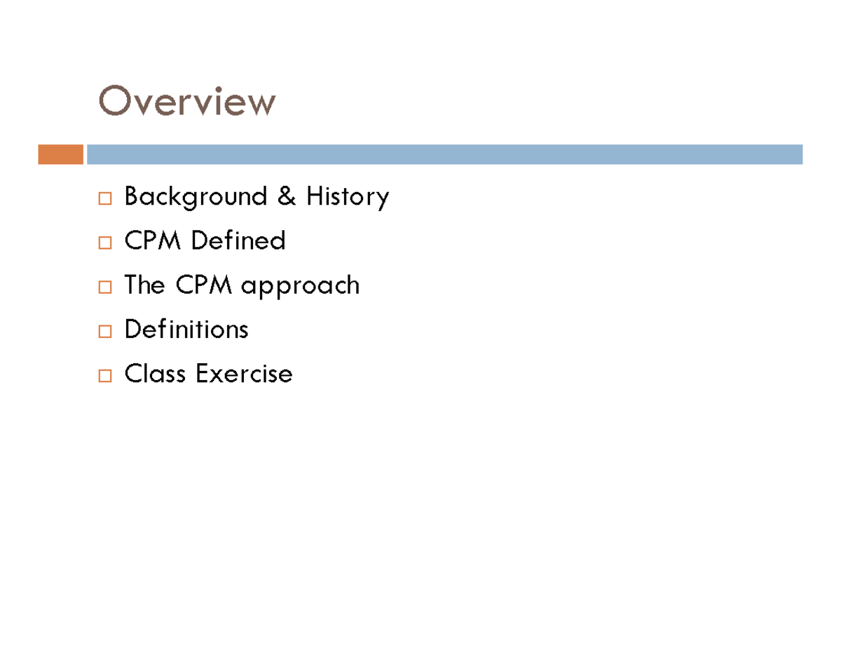 CPM EVM Overview and Approach: Key Concepts and Class Exercise - Studocu
