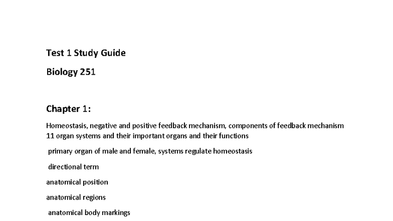 Biology 251 Combined Study Guide for Tests 1-4: Homeostasis, Tissues ...