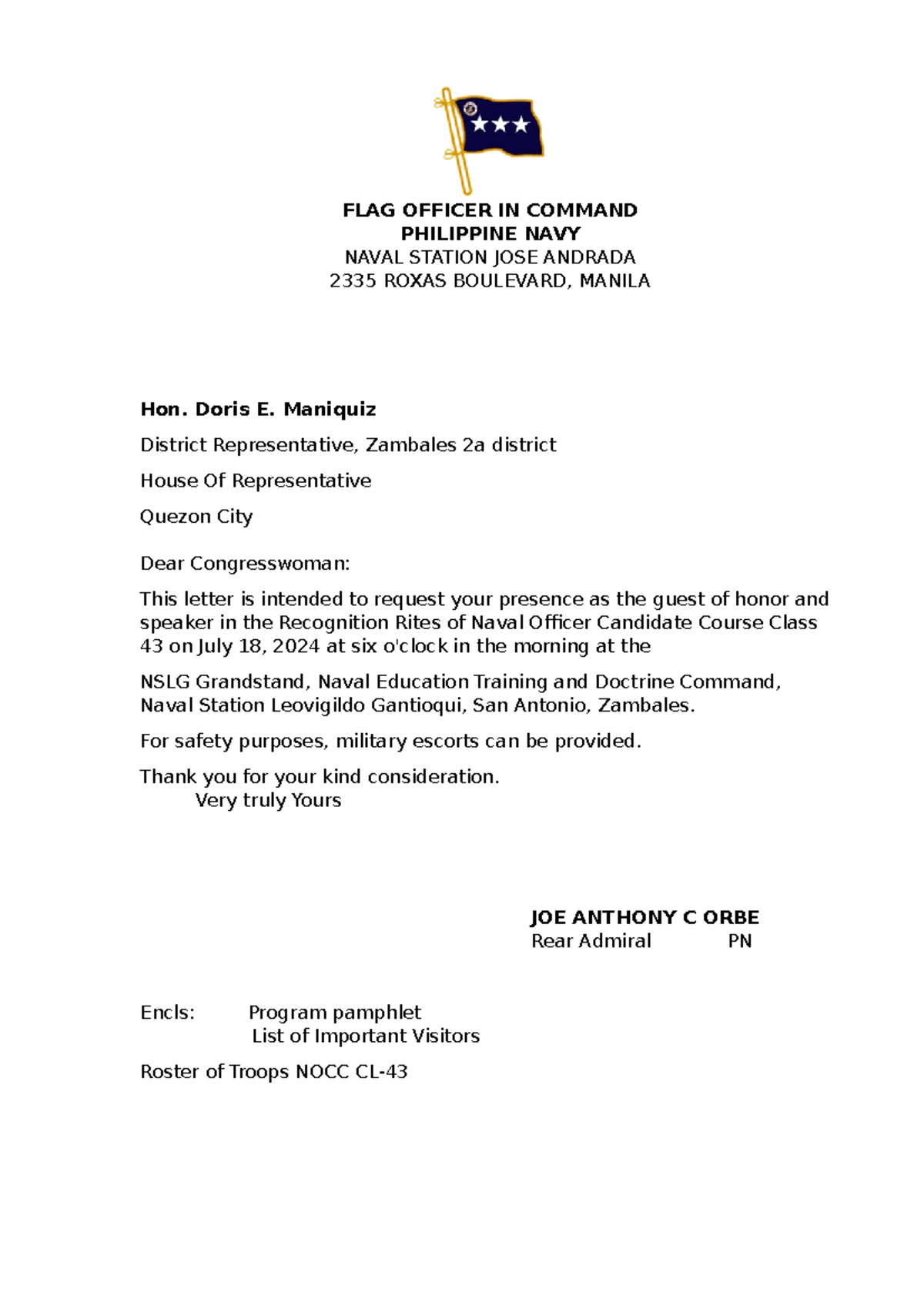 Civilian Letter for Invitation to Recognition Rites of NOCC Class 43 ...