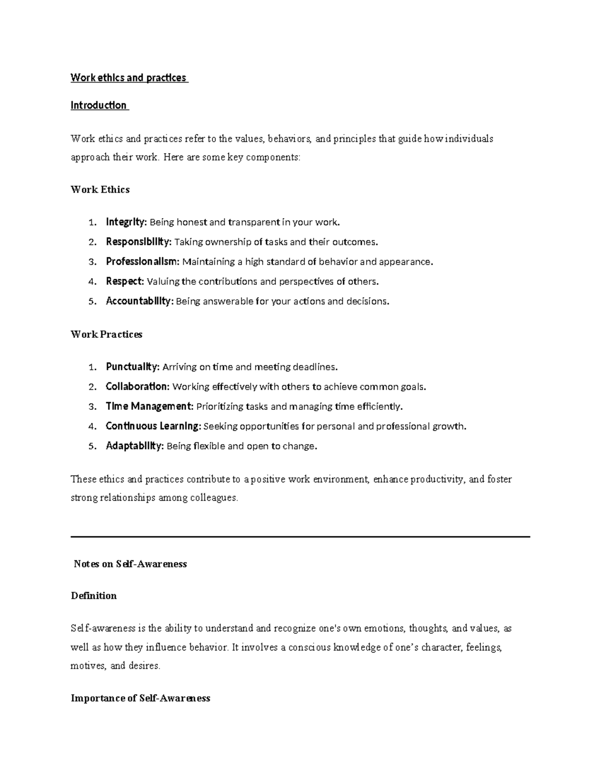 Work Ethics and Self-Awareness Strategies - Course Code: WE101 - Studocu